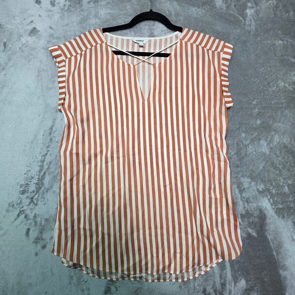Express Orange White Striped V-Neck Criss Cross Blouse Top Womens Medium